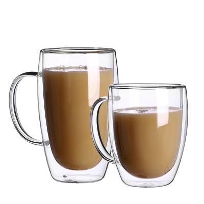 China Borosilicate Glass Stocked Clear Coffee Mug, Espresso Insulated Double Walled Glass Coffee Cup With Handle, Glass Cup With Bamboo Lid for sale