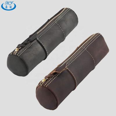 China Fashion Creative Handmade Fashion Handmade Round Shape Pen Pencil Bag Pouch Bag Genuine Leather for sale