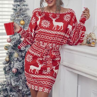 China 2022 New Arrival Christmas Printing Anti-Static Bow Sheath Belted Casual Dresses for sale