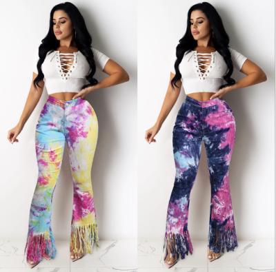 China 2020 Anti-wrinkle in the current hot sale fashionable tie-dye the latest fashion fringed micro-flare casual pants for sale