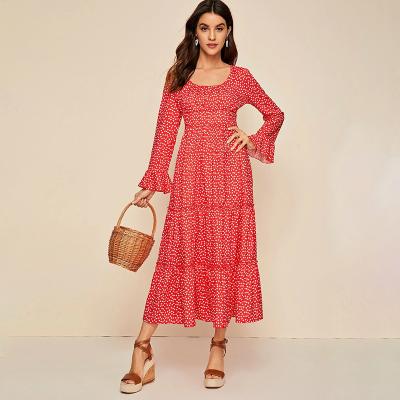 China Anti-Static Elegant Square Neck Long Sleeve Heart Print Women Dress Ruffle Sleeve High Waist Flared Maxi Dress for sale