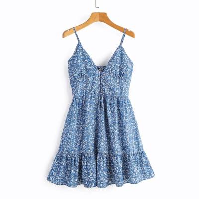 China Low MOQ v neck boho spaghetti strap anti-static blue ditsy floral women summer casual dresses for sale