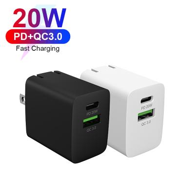 China US EU Output QC3.0 USB-C PD 20W Type-C Mobile Phone Dual Cell Phone Wall Charger For iPhone 12 for sale