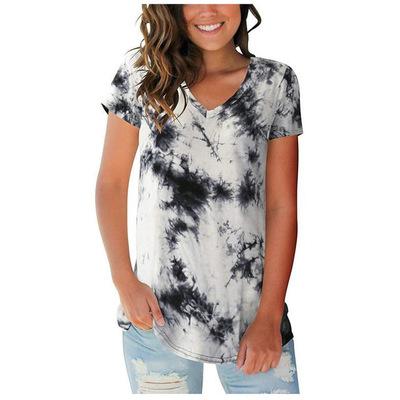 China Wholesale Women's V Neck Hip Hop Breathable Cotton Mid Length Unisex 100% Tie Collar Dyeing Short Sleeve T-shirt for sale