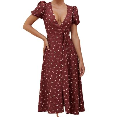 China High Quality Wrapped Floral Print Short Women Breathable Wine V-Neckline Sleeve Maxi Dress for sale