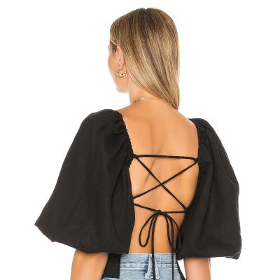 China Breathable Canvas Square Collar Backless Short Lantern Sleeves Women Blouses for sale