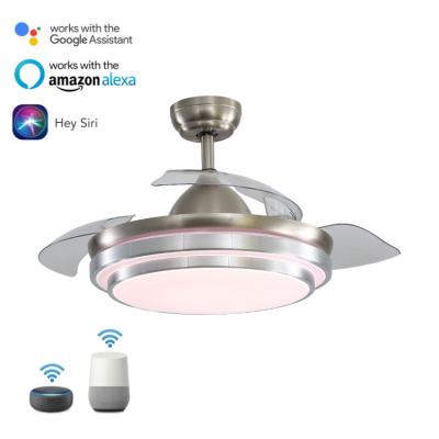 China New Style Modern Simple Indoor Decorative Dining Room Air Cooling Intelligent AC Retractable Ceiling Fan With Light for sale