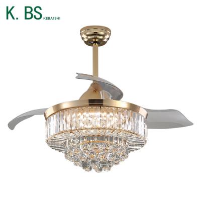 China Modern Super Bright Plywood 32inch 3 Blades Indoor Retractable Crystal Ceiling Fan With Light Decorative Living Room for sale