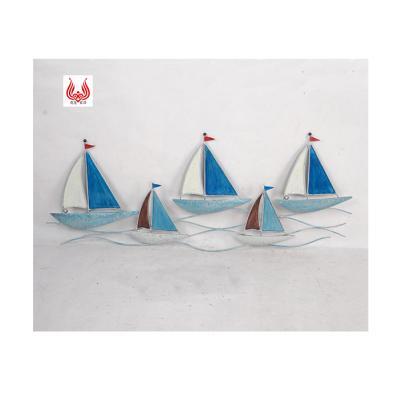 China Factory Sale Blue And White Porcelain Sailboat Metal Trendy Direct Nautical Wall Hanging Wall Art Decoration for sale