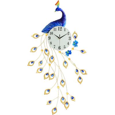 China Modern Peacock Crystal Wall Clock Silent Battery Operated Non Ticking Wall Clock For Living Room Decor Large Wall Clock for sale