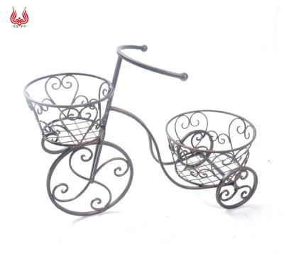 China YINFA Modern Vintage Garden Tricycle Plant Stand Metal Pedicab Two Flower Pot Holder Rack for sale