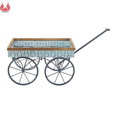 China YINFA Elegant Trolley Design Disassembling Wooden Iron Plant Stand Flower Pot Planter with 4 Wheels and Brackets for Garden Decor for sale