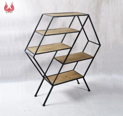 China New Classic Display Racks Metal With Wooden Shelf Store Display Organizer Stand Hexagon Floor Standing Supermarket Advertising Shelf for sale