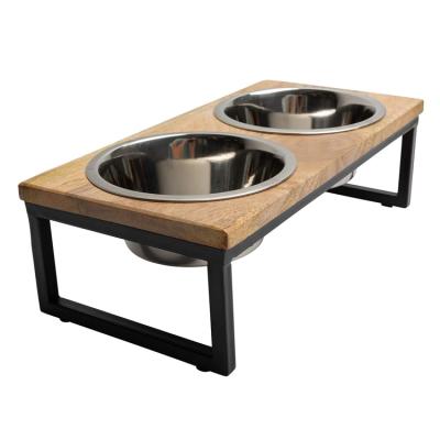 China Manufacturer Wholesale Feeder Double Minimalist Pet Bowl Wooden Feeder With Metal Stand Stainless Steel Dog Bowls Doubles for sale