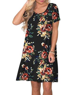 China New Washable European and American Amazon Border Print Round Short Sleeve Large Swing Pocket Neck Floral Dress for sale