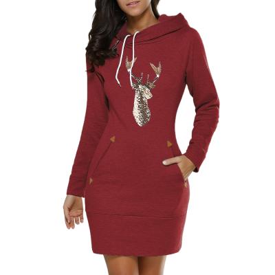 China Dry Cleaning Autumn Winter Women Wear Christmas Reindeer Print Hoodie Dress Long for sale