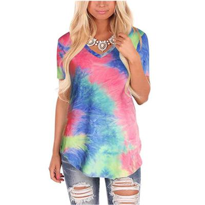 China New anti-pilling women's summer wear women's loose length V-neck middle tie dye printed short sleeve T-shirt for sale