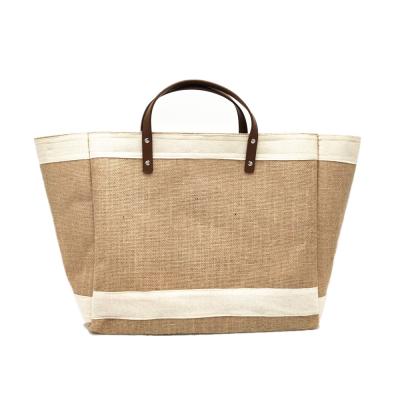 China Non-Toxic Popular Custom Jute Bag With Leather Handles With Pocket for sale