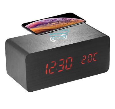 China Files Mdf+abs Material Wood Clock Charging Station Digital Led Temperature Calendar Wireless Alarm Clock for sale