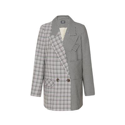 China Women's Plaid Anti-Wrinkle Stripe Patchwork Casual Button Open Front Lapel Long Sleeve Blazer Jacket Suit for sale