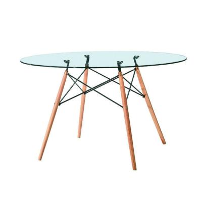 China Modern Luxury Modern Round Clear Tempered Glass Wooden Legs Dinning Dining Table With Glass Top Designs for sale