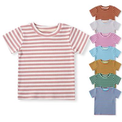 China Baby Cotton Breathable Colorful Striped Yarn-dyed T-shirt Kids Organic Tops O-Neck Striped Cotton Kids T-shirt Short Sleeve for sale