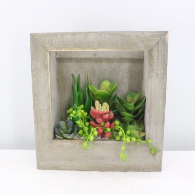 China New Design Handmade Artificial Gray Wood Succulent Home Green Plant Frame Table Decoration for sale