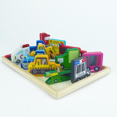 China Play inside wooden jigsaw puzzle cartoon stacking colorful blocks collect cars and animals in puzzles one for kids 3D puzzle for sale