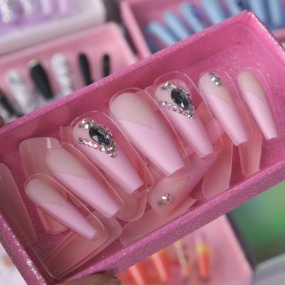 China French Shining Stars Diamond Luxury Fake Nails Press Dramatic Long Top Fashion Free Sample Wholesale Coffin for sale