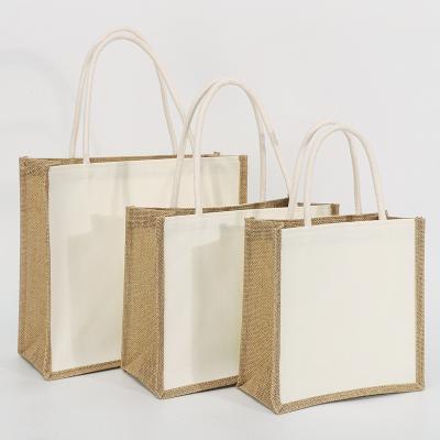 China Customized High Quality Burlap Jute Shopping Bag Burlap Jute Shopping Bag Size Splicing White Canvas Fabric For Bags for sale