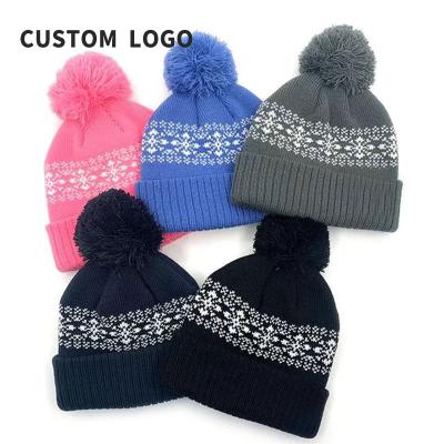 China Hot Autumn Winter Style Cute Fashionable Jacquard JOINT Pom-pom Ladies Knitted Hat for sale