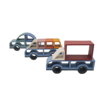 China Educational Building Blocks Baby Toy Cartoon Car Shape Assembling Silicone Toys 3-Piece Set for sale