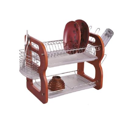 China Hot Sale Kitchenroom 2 Tier Dish Rack Plate Drain Rack Plate With Wood Board for sale