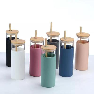 China New Design 500ml Sustainable Glass Cup Custom Color For Silicone Sleeve With Bamboo Lid And Bamboo Straw for sale