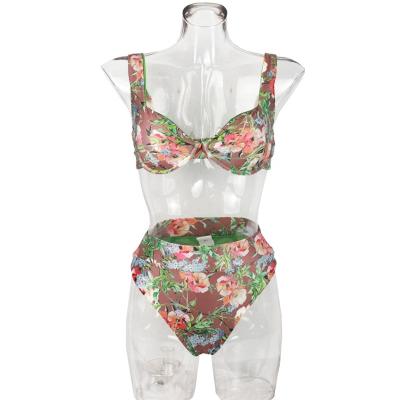 China Plus Size Plus Size Spring Flowers Print Two Piece Swimsuit High Waisted Bikini Swimwear With Padding for sale