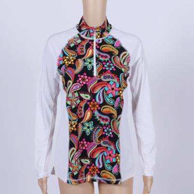 China Breathable Breathable Paisley Printed Zipper Surfing Rash Guard Long Sleeve UV Protection Swimsuit for sale