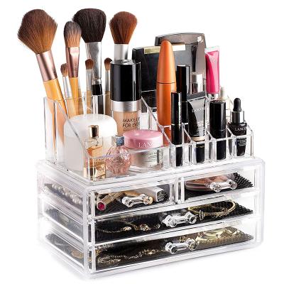 China Large Capacity Clear Acrylic Multifunctional Plastic Cosmetic Makeup Storage Organizer Box Shelf With Stocked Table Drawers for sale