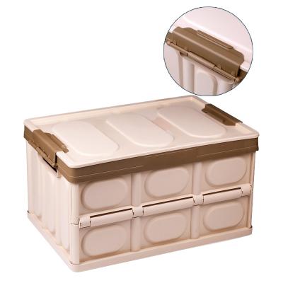 China Morden Luxury Durable Plastic Collapsible Trash Can Folding 56L Storage Crates Service Lid With Buckle for sale