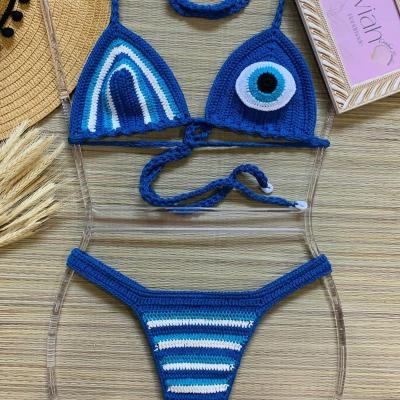 China Anti-pilling Women's Boho Summer Knit Style Crochet Bralette Bikini Cotton Tank Top Handmade Blue Stripe Crop Top for sale