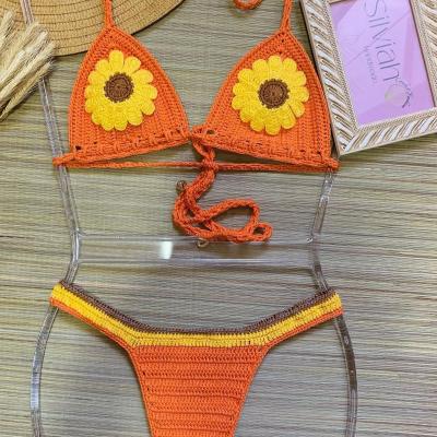 China Anti-pilling Women's Boho Summer Knit Style Crochet Bralette Bikini Cotton Tank Top Handmade Orange Crop Top for sale