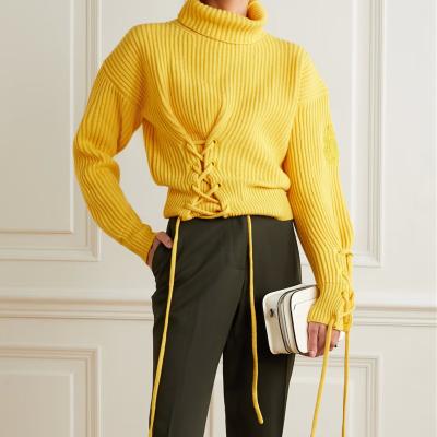 China Women's Yellow Anti-pilling Turtle Neck Sweater Acrylic-blend Ribbed Lace-up Wool for sale