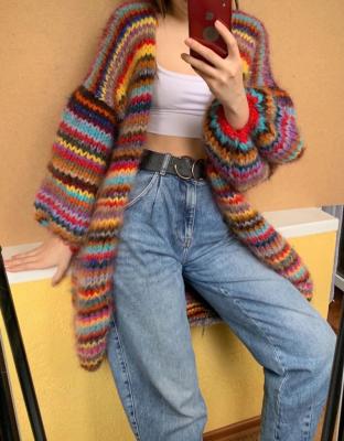 China Festival Breathable MulticolorJacket Hand Knitted Chunky Rainbow Boho Clothing Oversized Cardigan Striped Sweater for sale