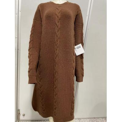 China Women Breathable Winter Fashion Korean Chunky Cable Knitted Oversized O-Neck Sweater Dress In Mocha Loose Long Sleeve Heavy Outer Knit for sale