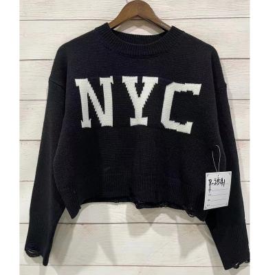 China Breathable Women NYC Black Knit Pullover With Ripped Letters Crop Pullover Sweater Top For Female Streetwear for sale