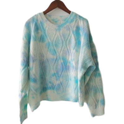 China Fuzzy Knitwear Light Blue Mulit Wool Blend Pollover Dip Dye Wool Blend Sweater Anti-pilling Crewneck Long Sleeve Women Sweater for sale