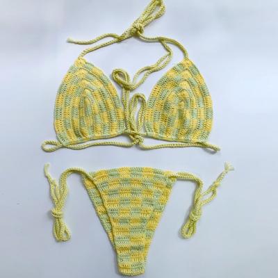 China Breathable Yellow Green Handmade Crochet Billie Eilish Checkerboard Bikini Top Monday Swimwear Tied Bikini For Sexy Girl for sale