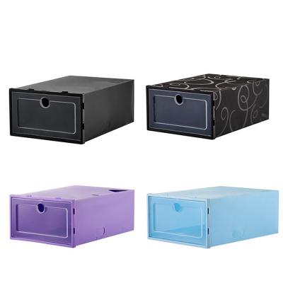 China Professional Folding Made Solid Color Stackable Design Plastic Transparent Opening Drawer Plastic Shoe Storage Box for sale