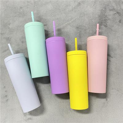 China Custom Matte Skinny Double Wall Acrylic Plastic Mug DOUBLE BY WALL Pastel Colors Gift 19oz 20oz With Lid And Straw For Coffee Water for sale