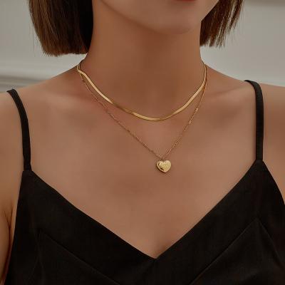 China TRENDY Fashion Gold Plated Stainless Steel Classy Jewelry For Women Snake Bone Chain Matte 2 Layer Butterfly Herringbone Necklaces for sale