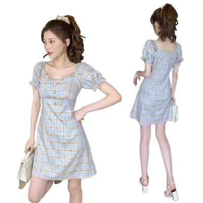 China New Color Plaid Sleeve Neck Summer Casual Fit Slim Short Square Viable Women's Mini Dress for sale